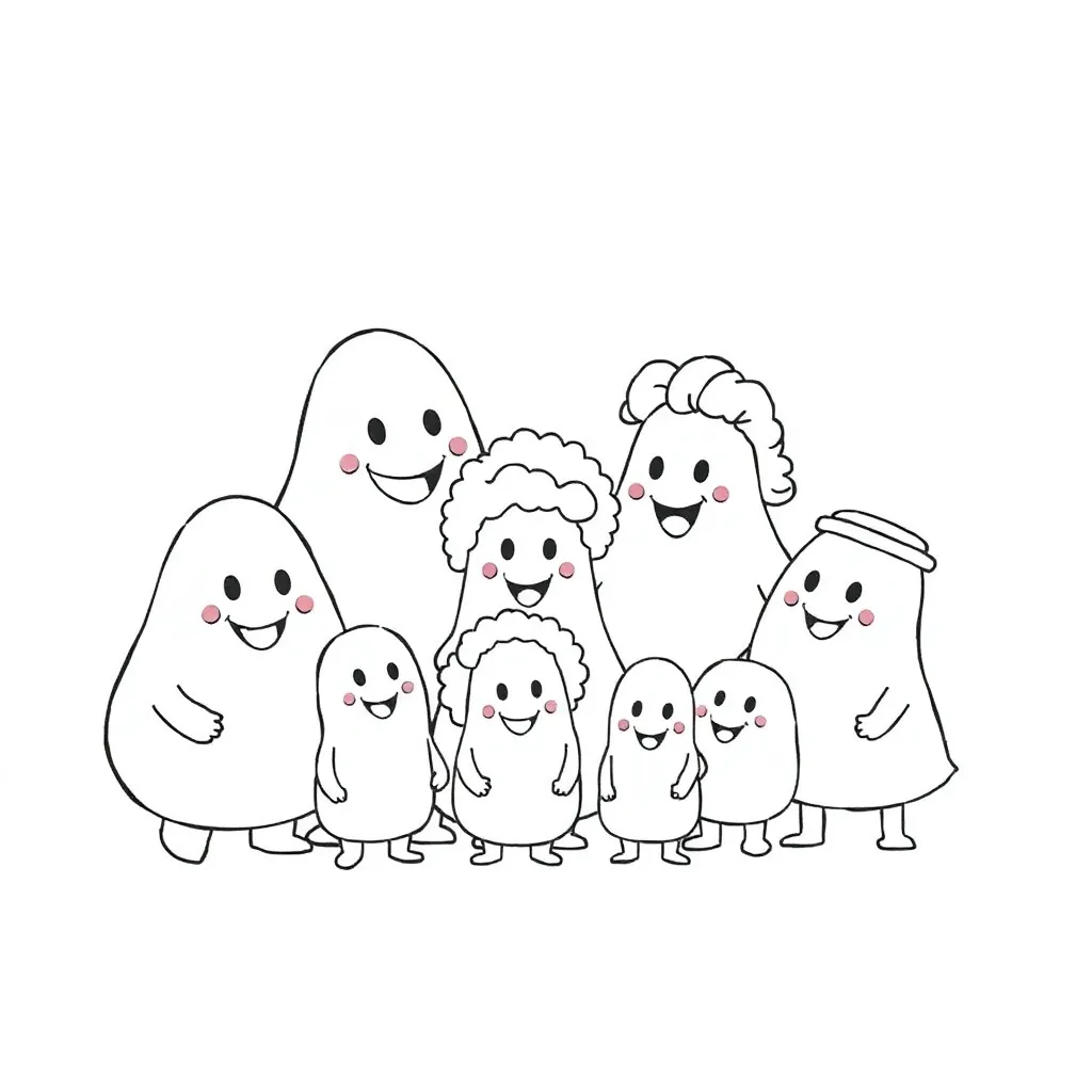 Barbapapa family, pink, cuddly, black coloring page for kids