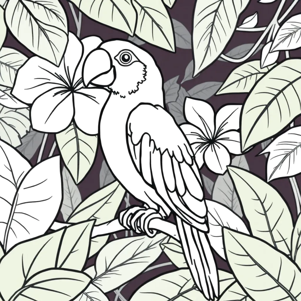 Parrot, jungle, black and white, line drawing coloring page for kids