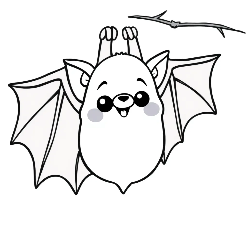 Cute bat hangs upside down coloring page for kids
