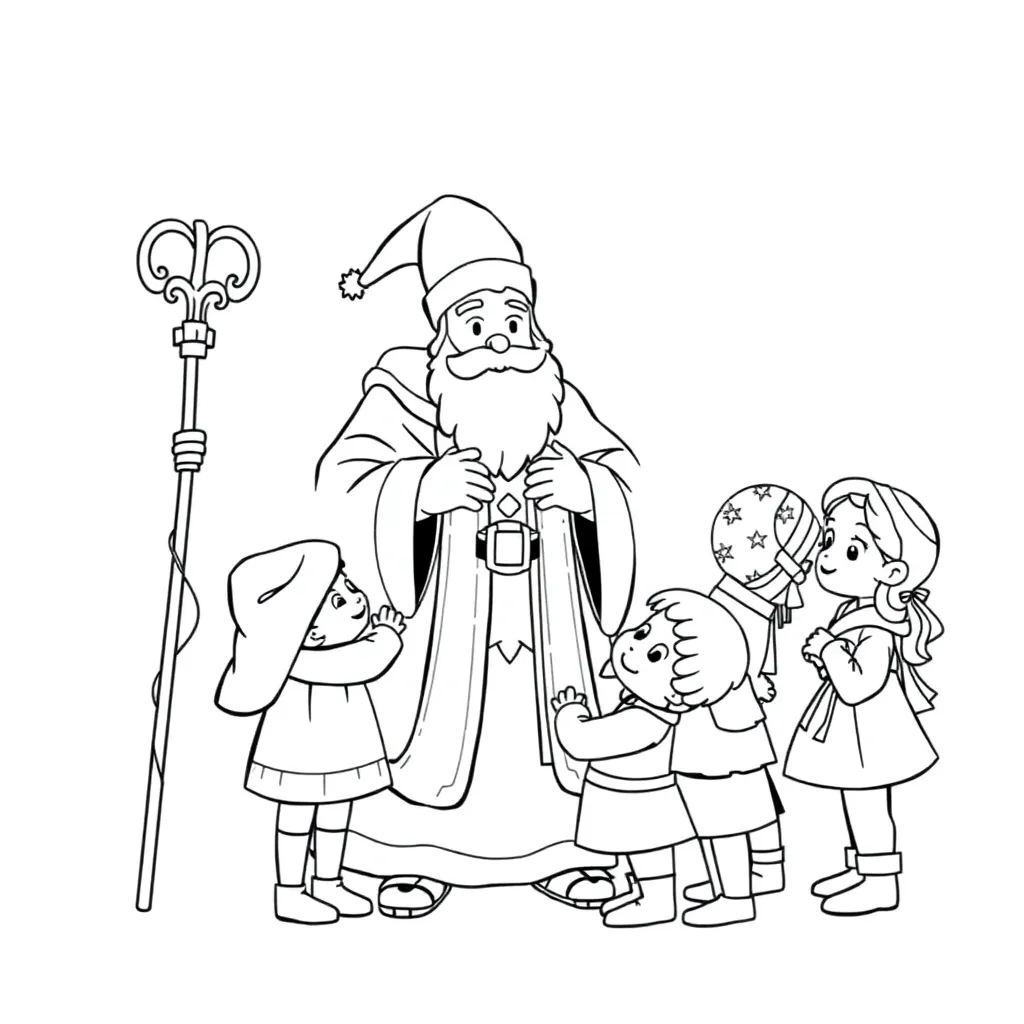 Kostenlose Malvorlage Sankt Nikolaus, Kinder, Feiertage, Geschenke, Tradition