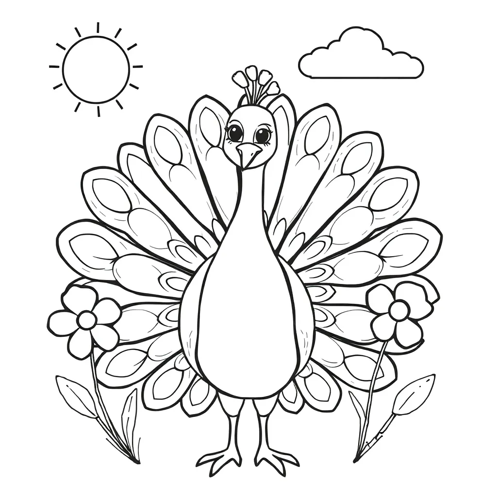 Simple, Peacock, Black, White, Professional Coloring Book for Kids