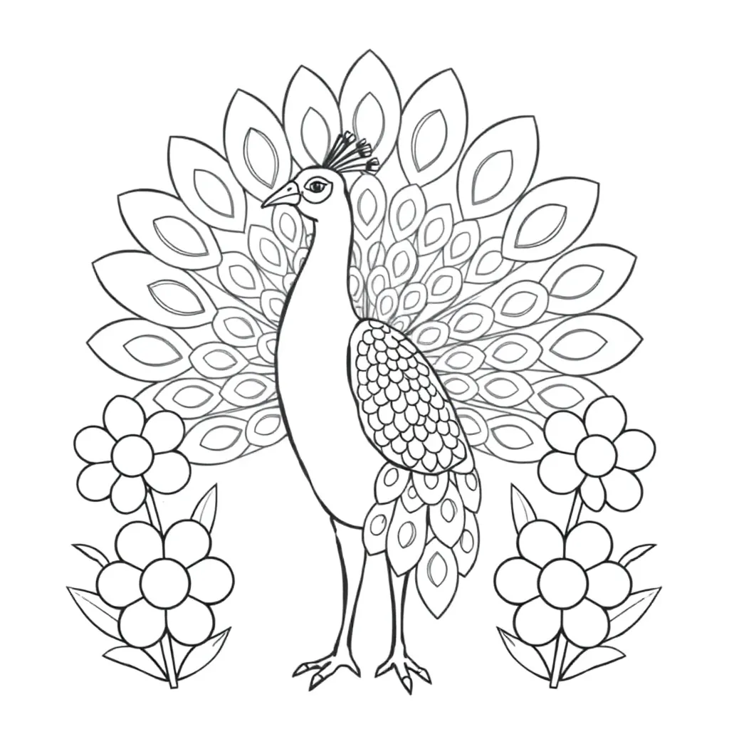 Proud peacock, black and white line drawing coloring page for kids