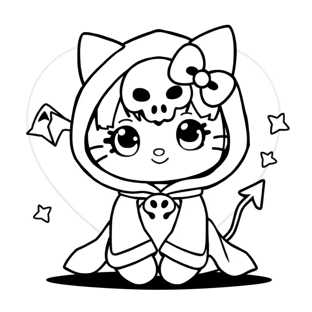 Kuromi, in love, black and white, black and white coloring page for kids.