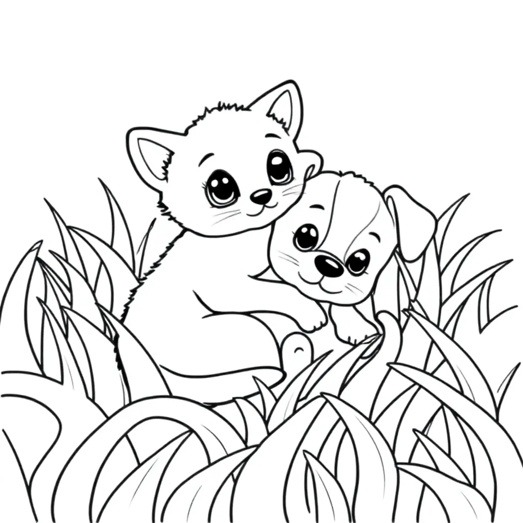 Free Kitten and Puppy in Grass Coloring Page