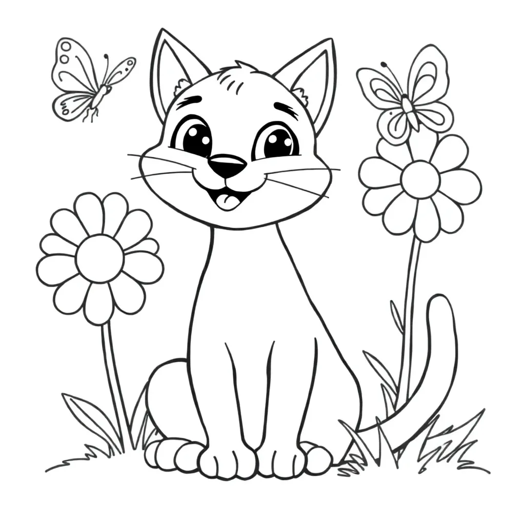 Cat, black, white, black and white coloring page for kids