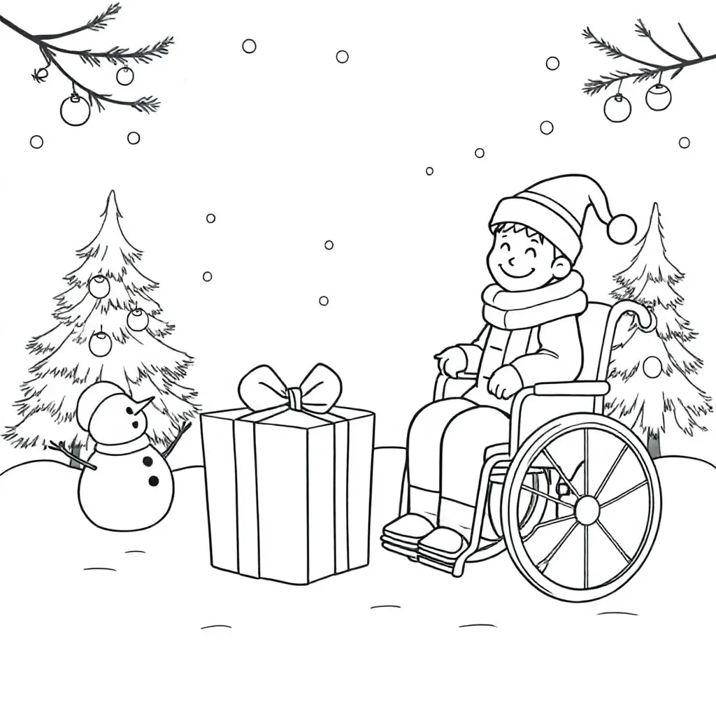 Free Coloring Page Gift, Christmas, Outdoor, Wheelchair Coloring Page for Kids