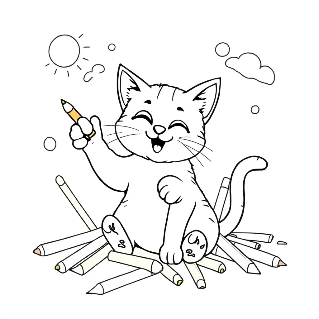 Coloring Page: Cat Plays with Colored Pencils