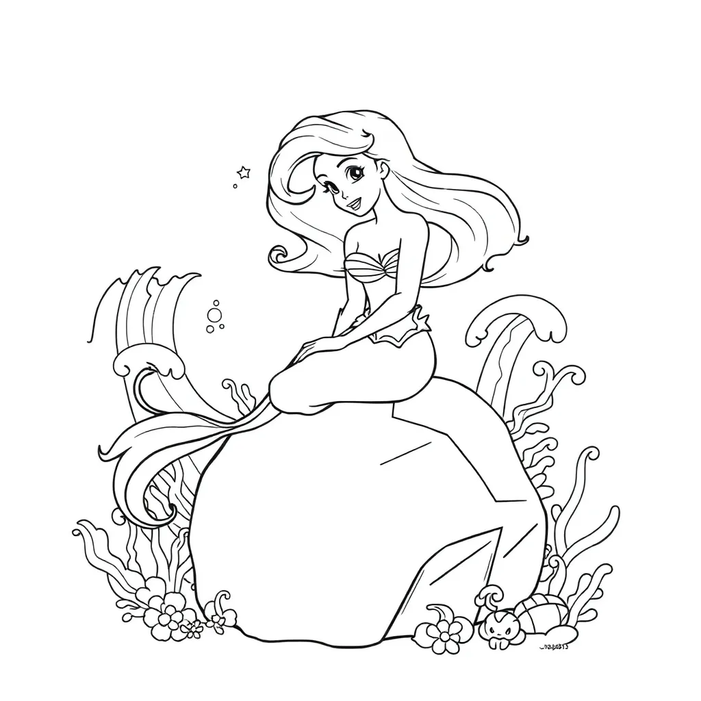 Plantilla de colorear gratis Sirenita Ariel, Princesa Disney, Bella la Rubia,