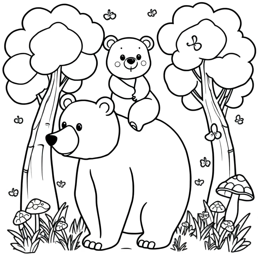 Free printable coloring page: Baby bear on Daddy bear's back in the forest. Coloring page.