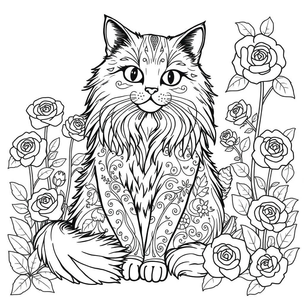 Cat, black, white, black and white coloring page for kids