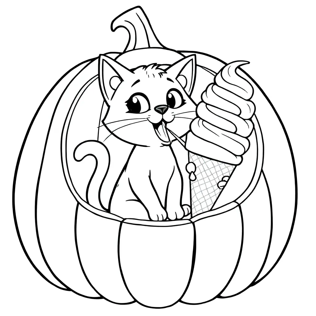 Coloring Page: A Cat in a Pumpkin Liking Ice Cream