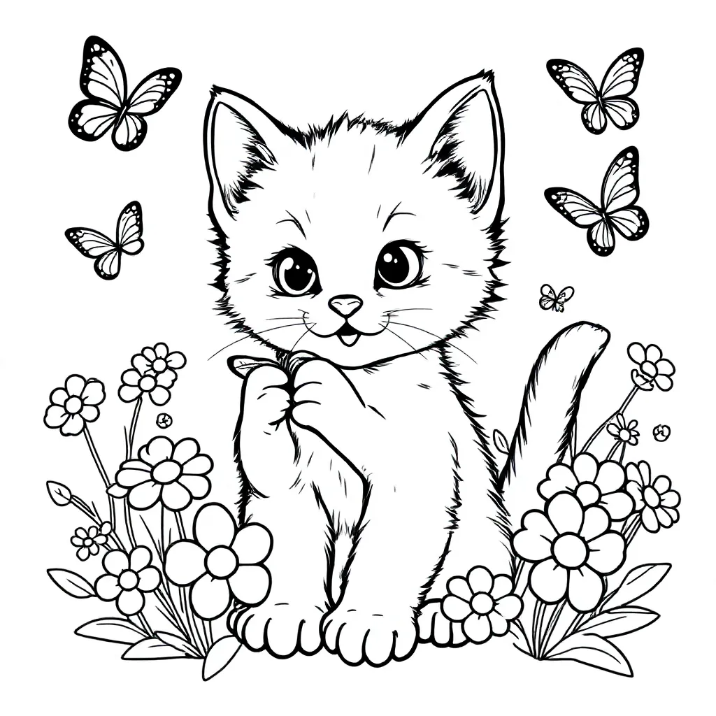 Free coloring page: A kitten playing amongst flowers and butterflies.