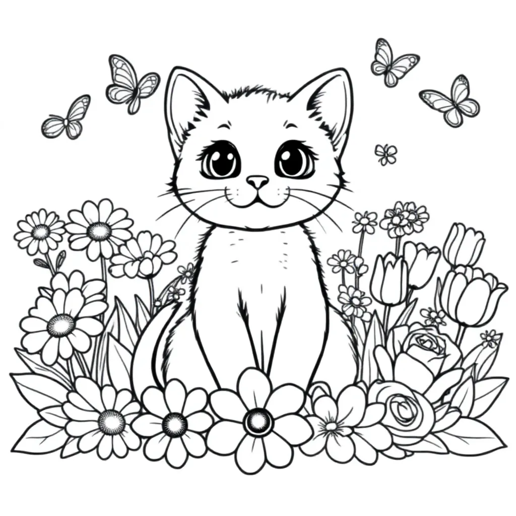 Free Printable Kitten Coloring Page with Flowers and Butterflies