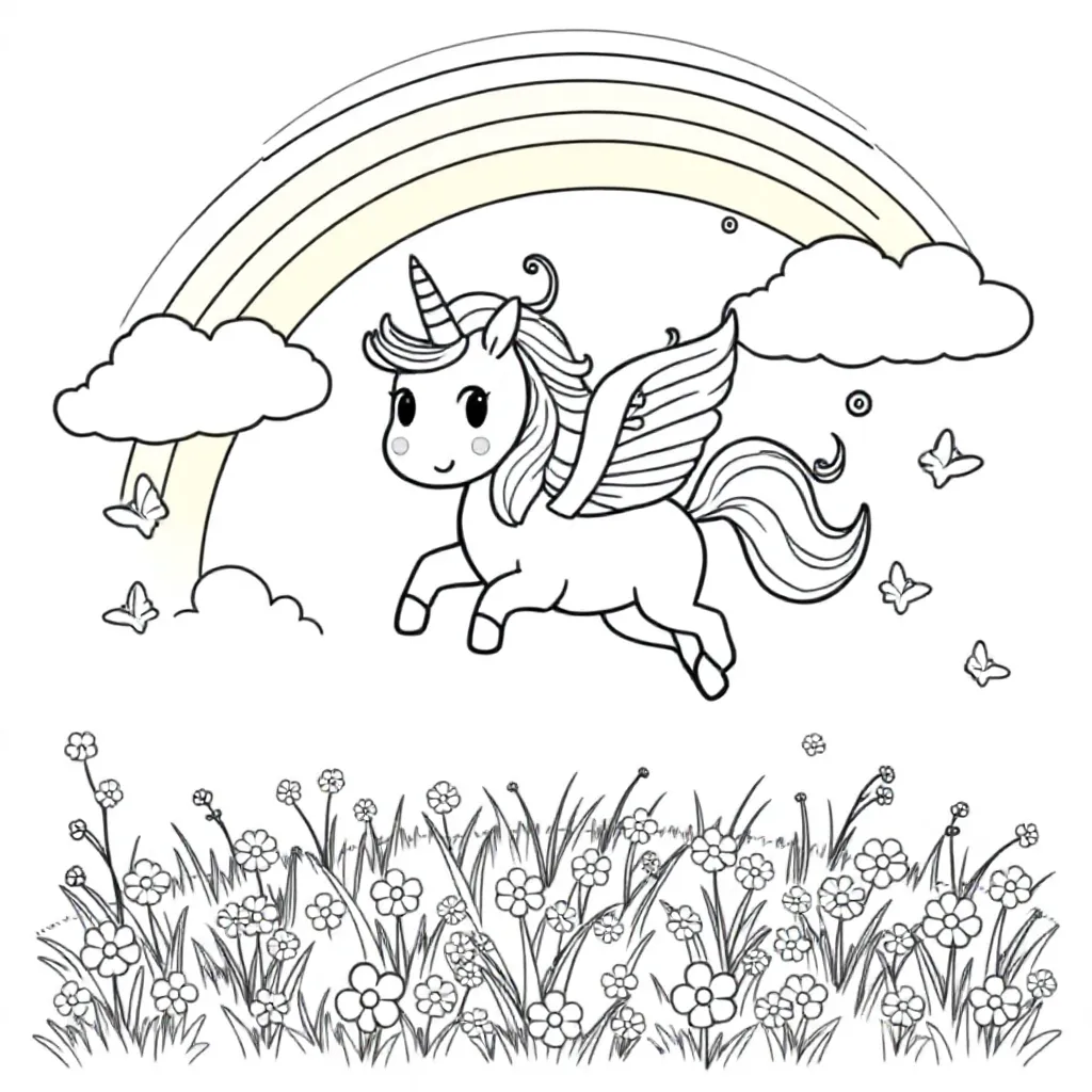Plantilla de colorear gratis: ¡Una alegre unicornio volando a través del arcoíris!