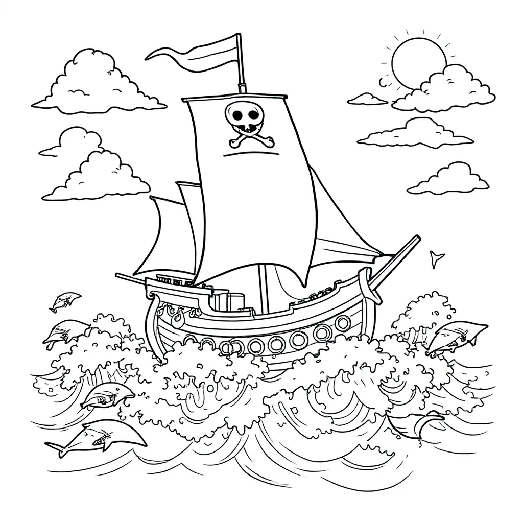 Free Pirate Ship Coloring Page - A large pirate ship on a wild sea coloring page.