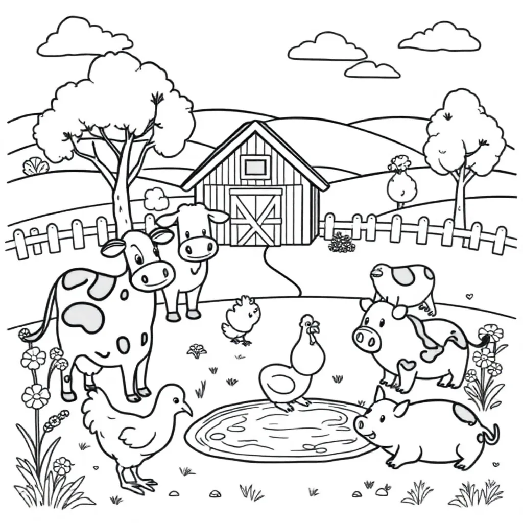 Free Coloring Page: A Fun Farm with Cows, Chickens, and Pigs