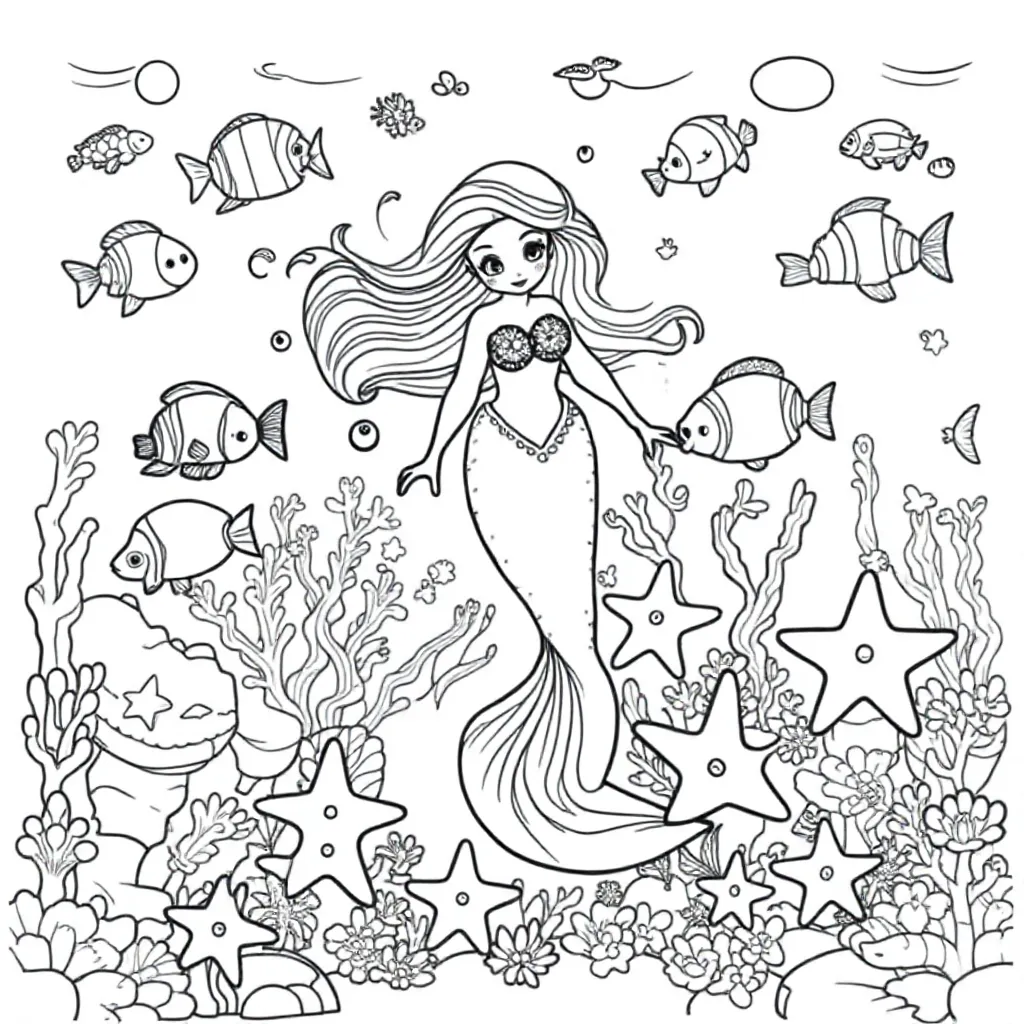 Free Underwater Coloring Page Filled with Fish, Starfish, and More