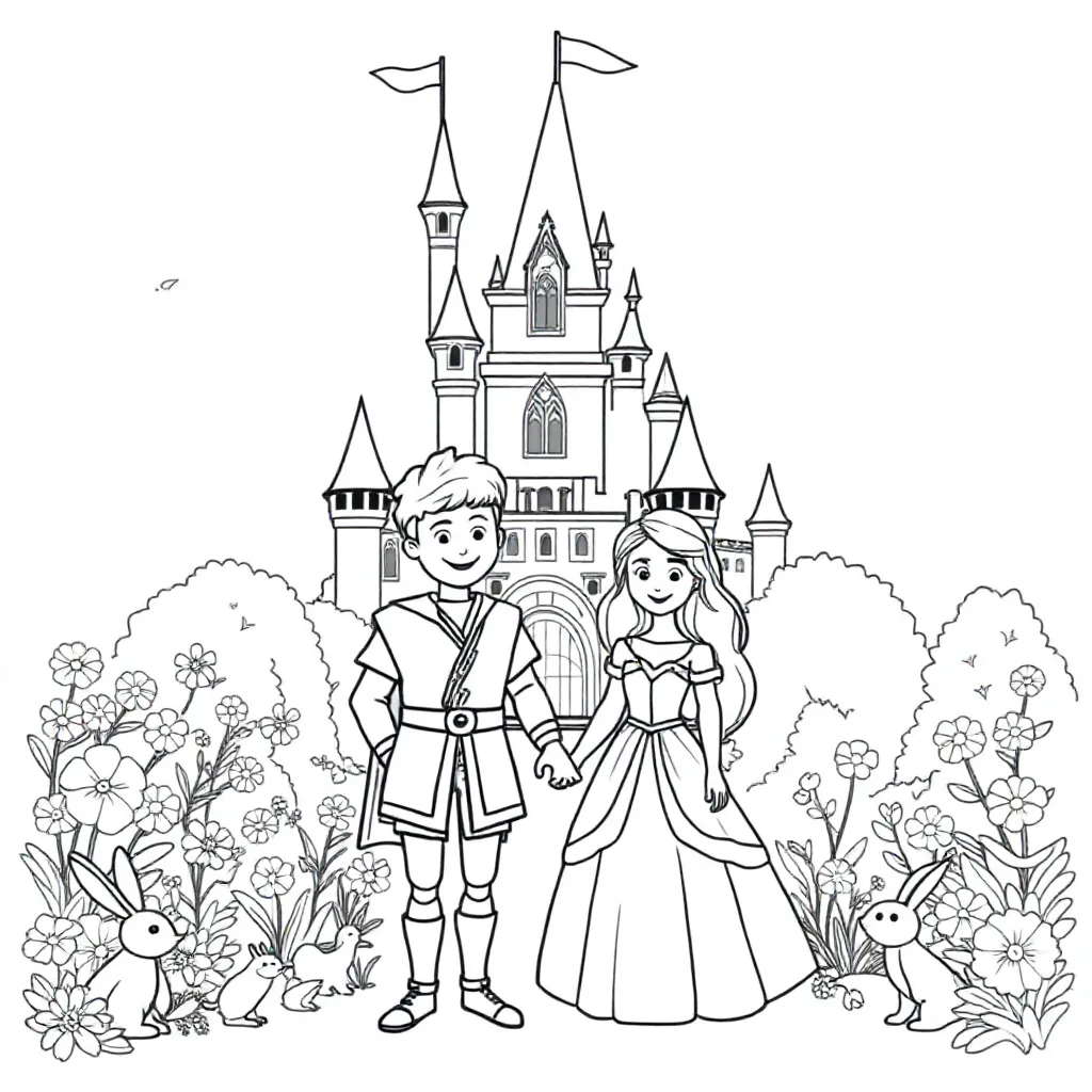 Free Coloring Page: Fairytale Castle with Prince and Princess Coloring Page