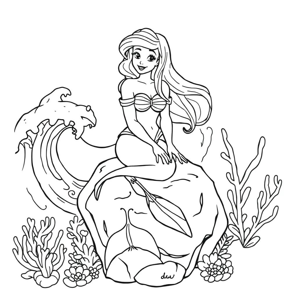 Plantilla de colorear gratis Sirenita Ariel, Princesa Disney, Bella Pelirroja