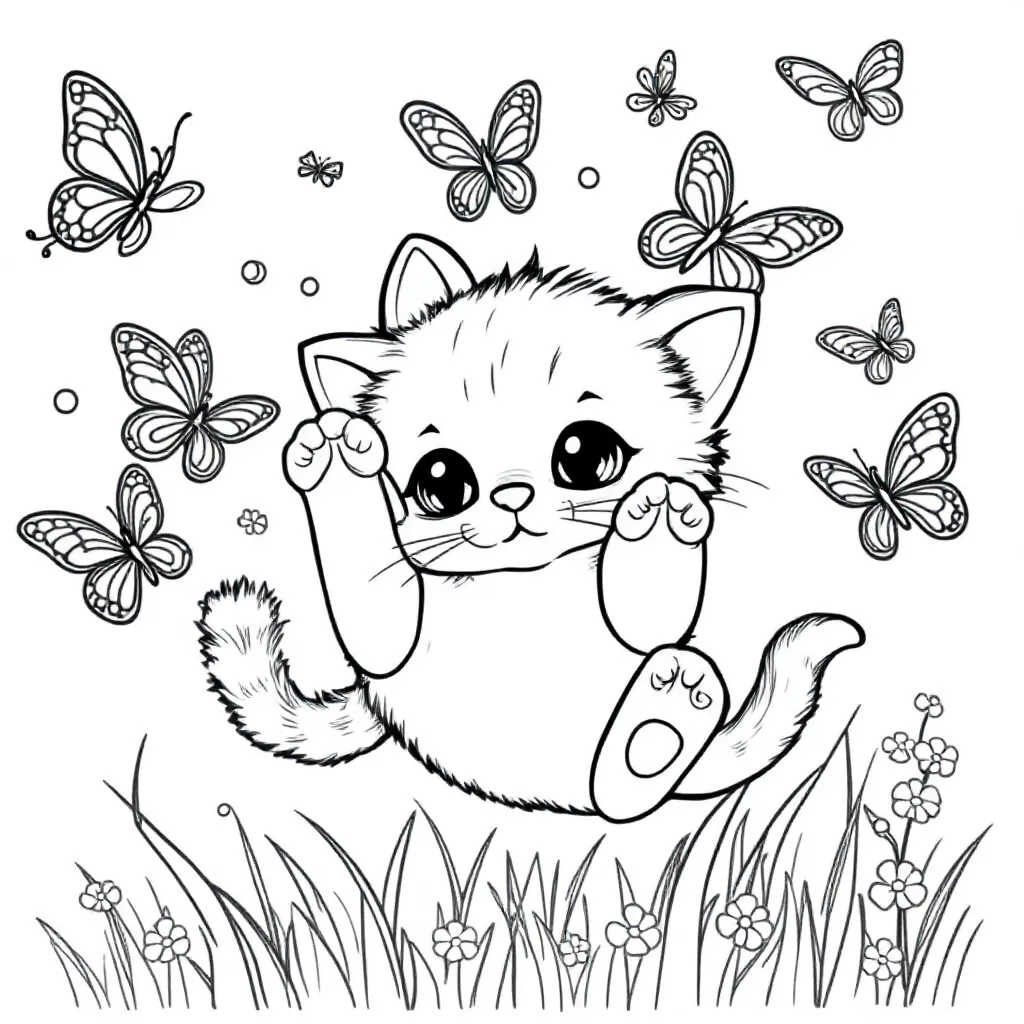 Free Kitten Coloring Page with Flying Butterflies - Coloring Page for Kids