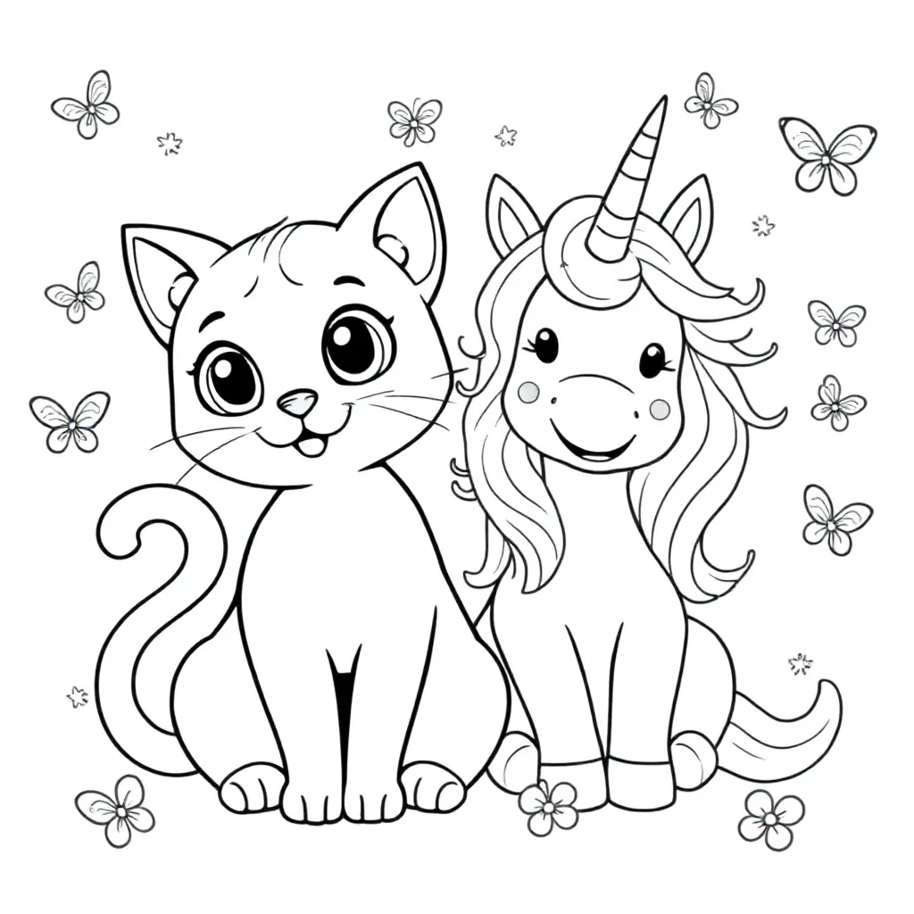 Coloring Page: A Cat with a Happy Unicorn Beside It and Little Butterflies Around Them