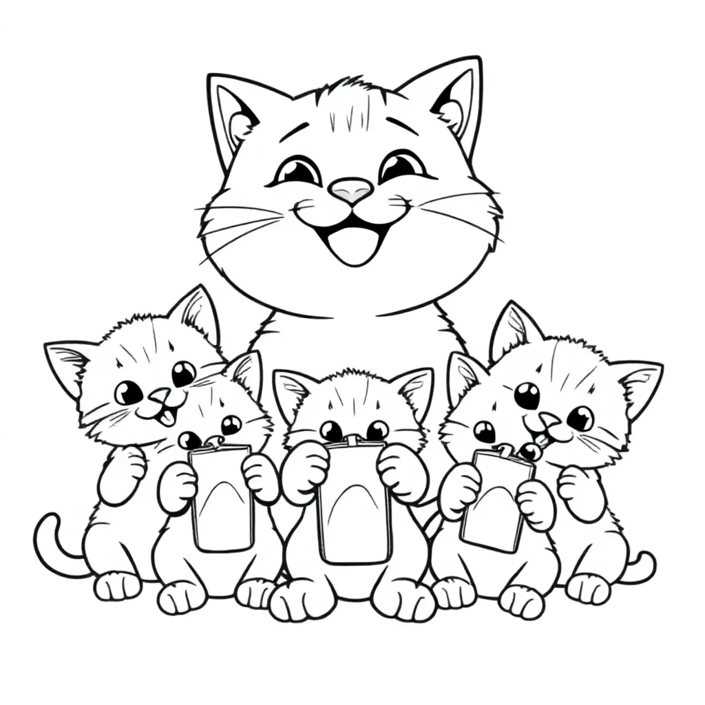 Free coloring page of 3 kittens and a loving, laughing mama cat, each with...