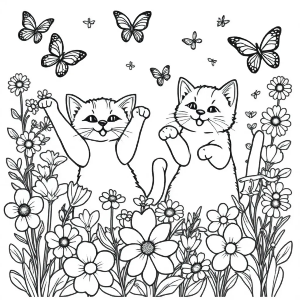 Free coloring page: Two cats playing among flowers with butterflies. Realistic.