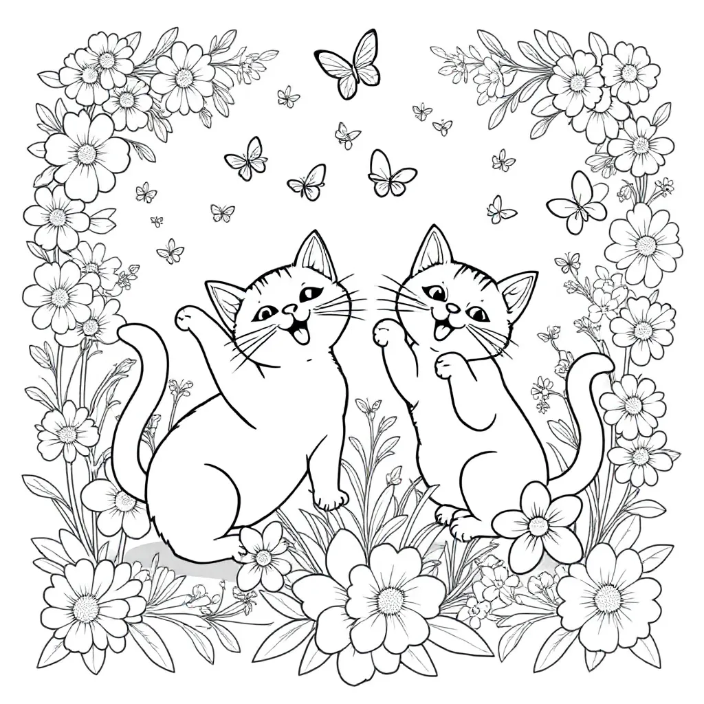 Free coloring page: Two cats playing among flowers and butterflies.