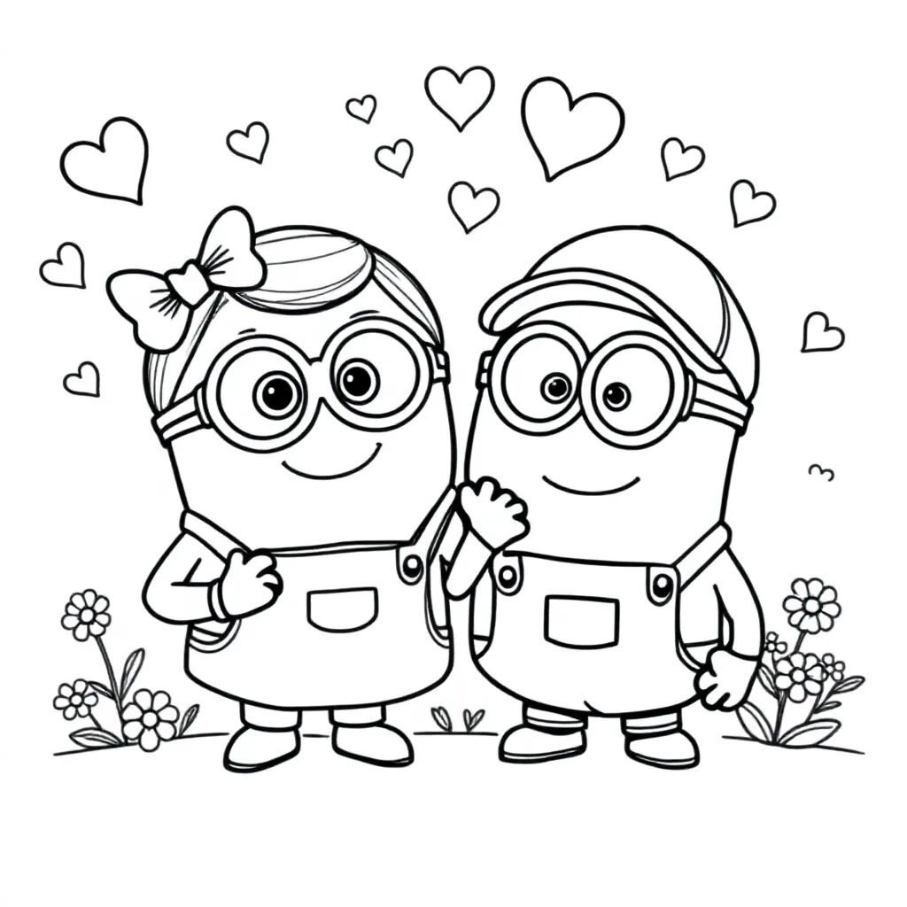 Free Printable Minion Girl and Minion Boy in Love Coloring Page