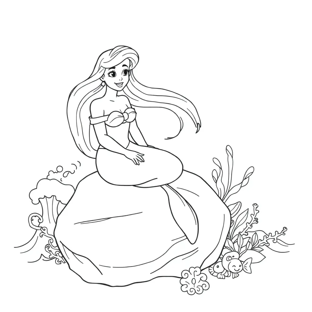 Plantilla de colorear gratis Sirenita Ariel, Princesa Disney, Pelirroja, Bajo el mar