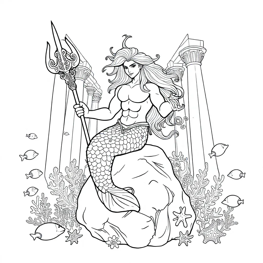 Free Poseidon Seafarer Coloring Page, Trident, Columns Coloring Page