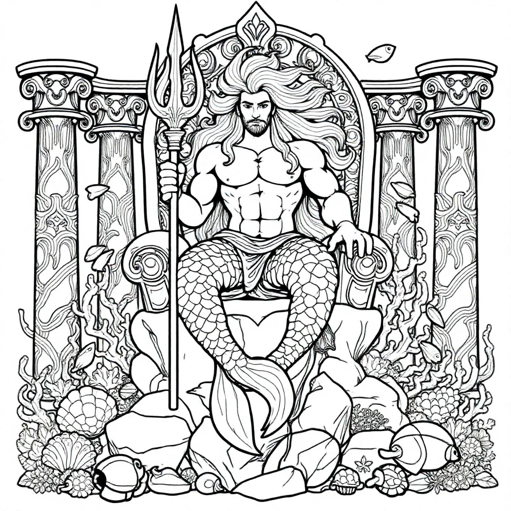 Free Poseidon Seafarer Coloring Page, Trident, Columns Coloring Page