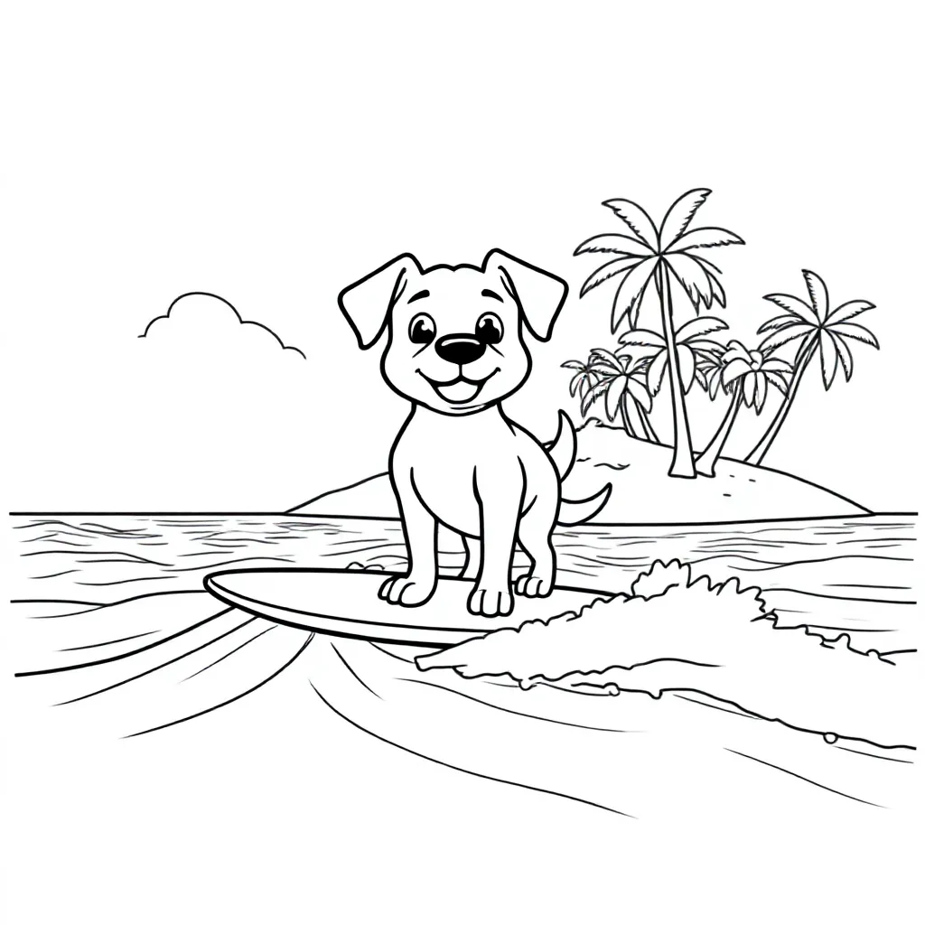 Plantilla de colorear: Perro de surf en el mar y en la playa trasera.