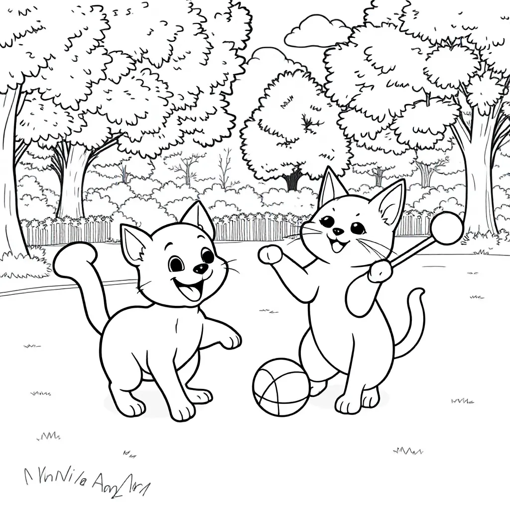 Free printable coloring page of a cat and dog playing together. Coloring page.