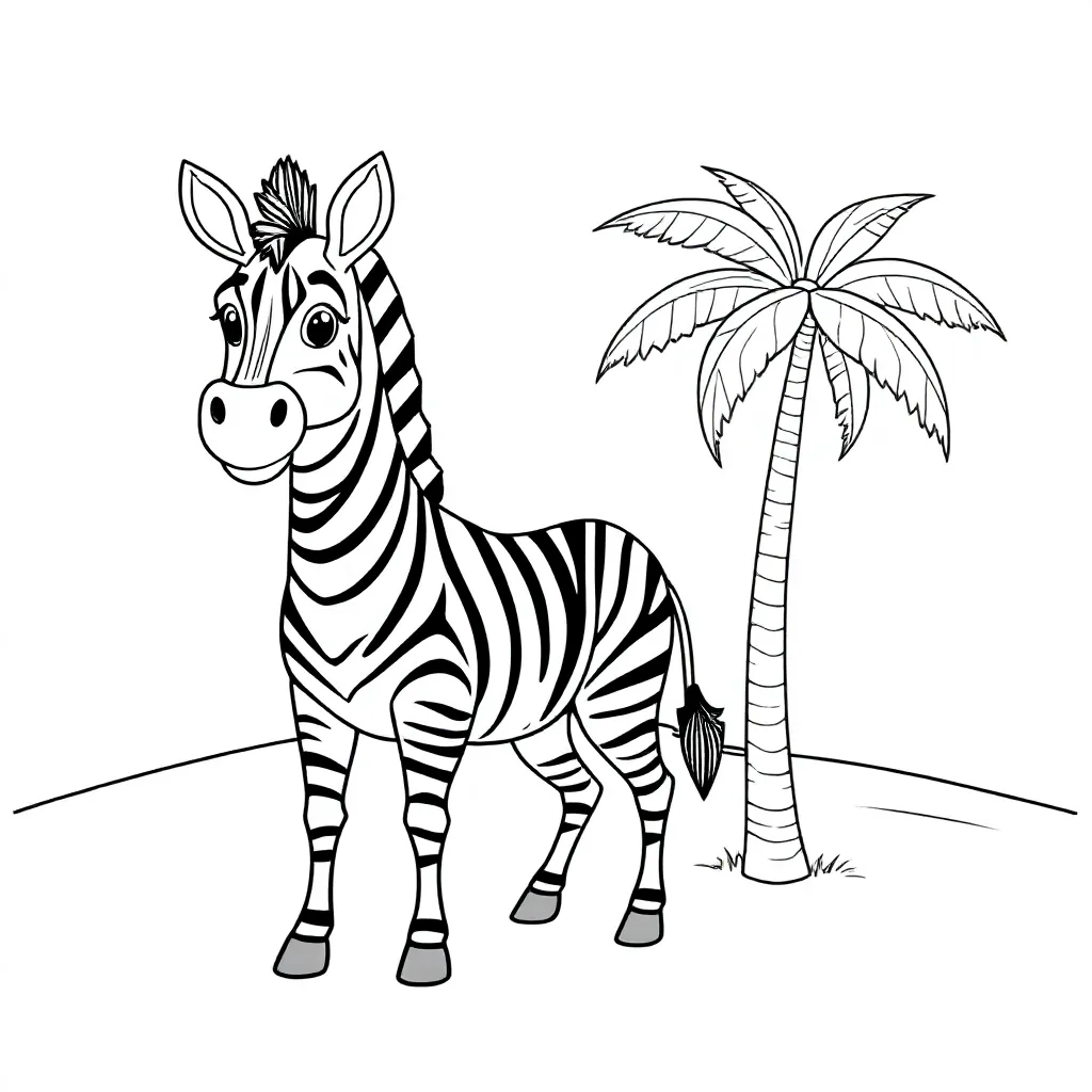 Free Zebra Coloring Page in an African Desert with a Palm Tree