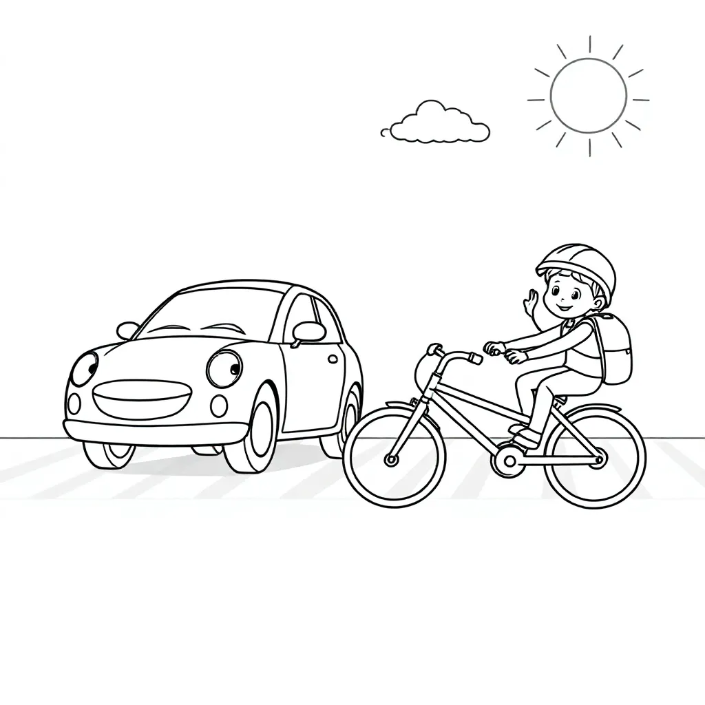 Free Printable Car and Cyclist Crossing the Road Coloring Page