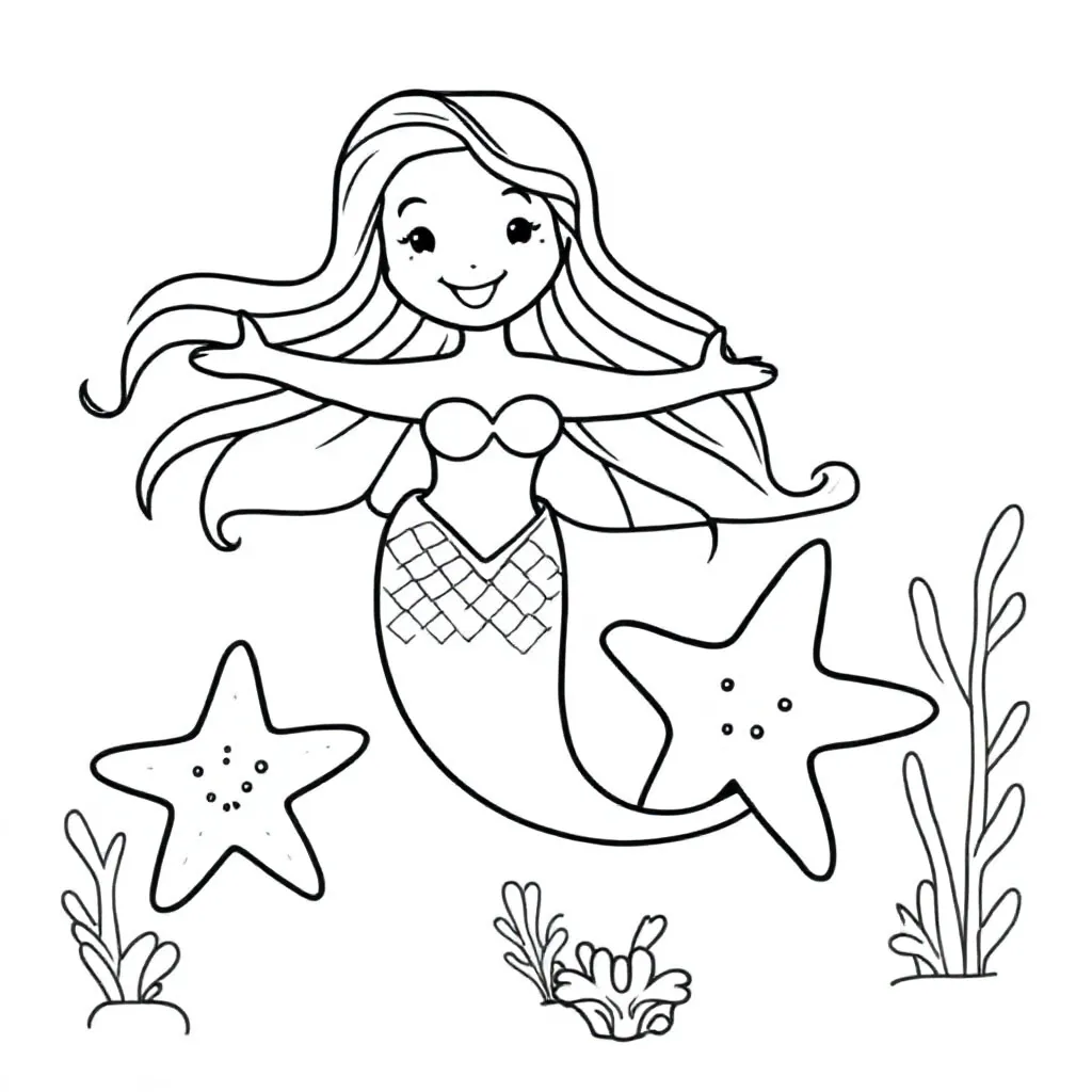 Free Mermaid Coloring Page in the Sea with Starfish Coloring Sheet for Kids
