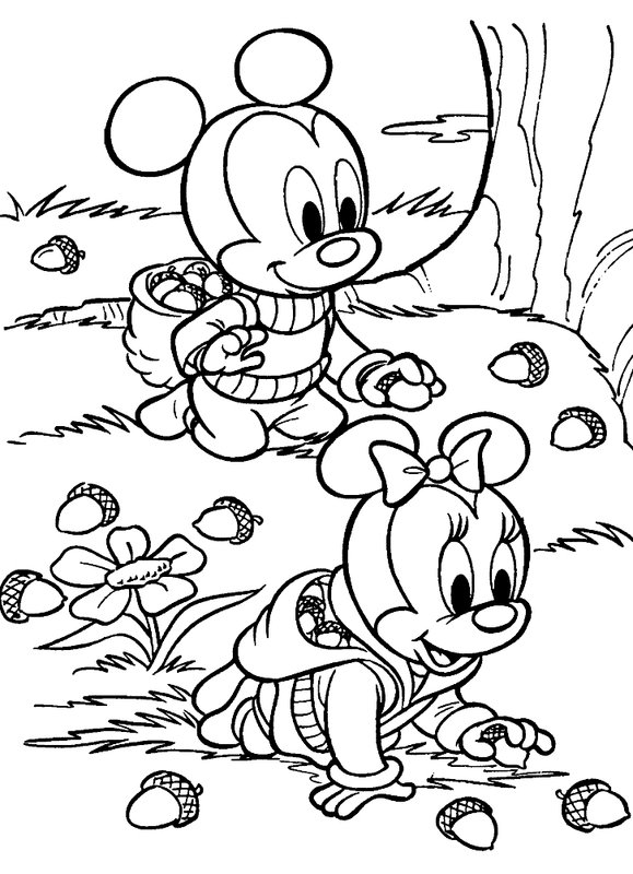 Coloring Page Baby Minnie Mouse and Mickey Collecting Acorns