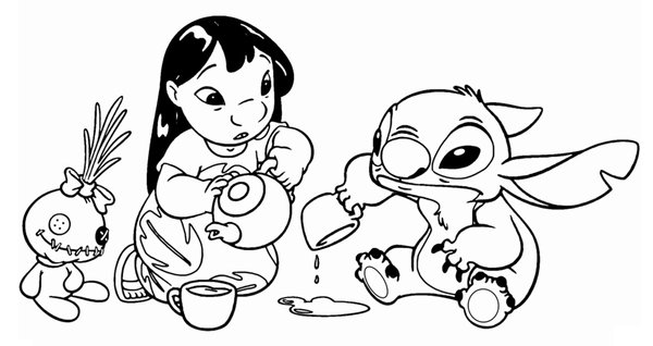 Lilo & Stitch Drinking Tea coloring page for children