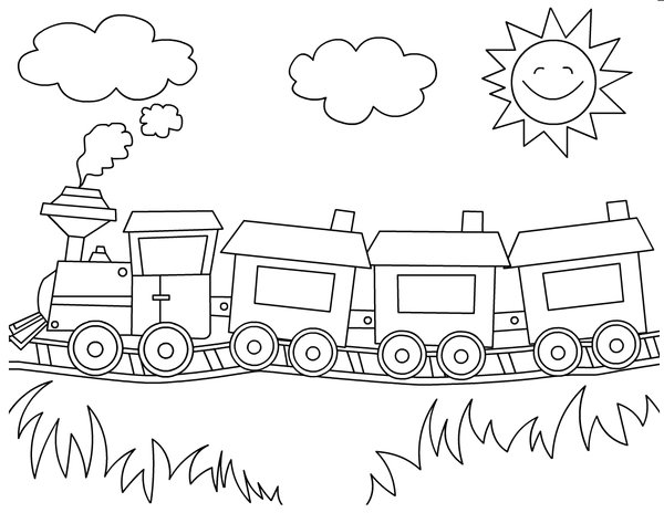 Simple Steam Train Sun coloring page for children
