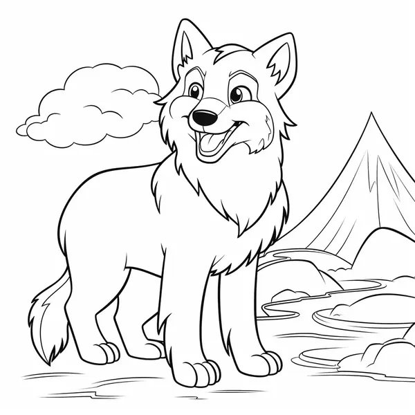 Coloring Page Cute Wolf With Mountain Background