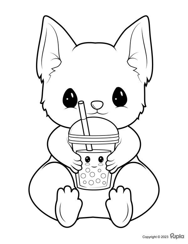 Coloring Page: Cat Holding a Boba Tea