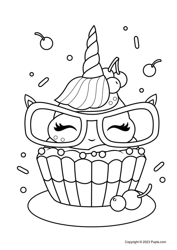 Coloring Page Cute Unicorn CupCake With Glasses