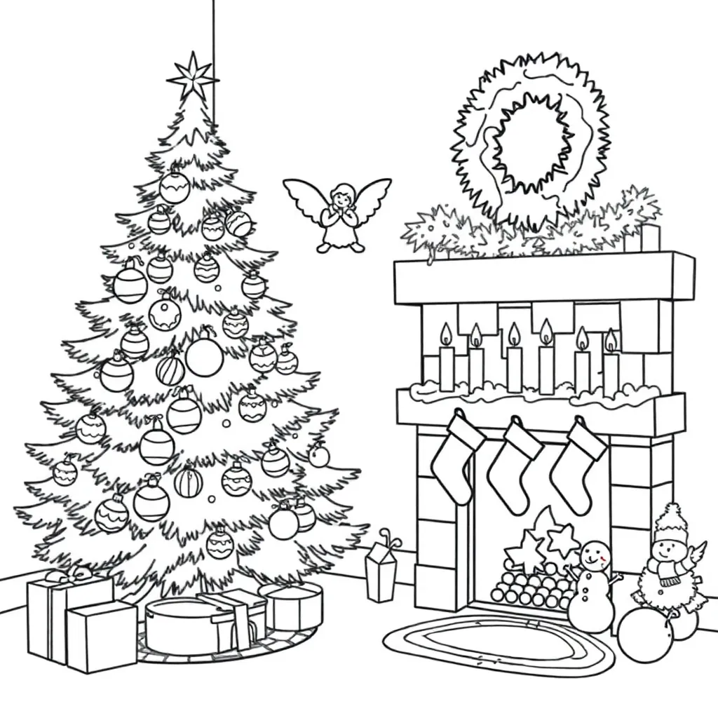 Kerst Versierde Kerstboom Open Haard Kerstsokken Feestelijk coloring page for children