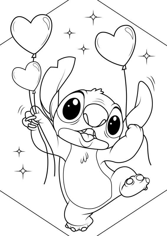 Stitch Holding Heartshaped Balloons coloring page for children