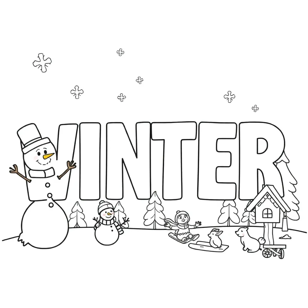 Winter Sneeuwpop Sleeen Konijnen Vogelhuisje coloring page for children