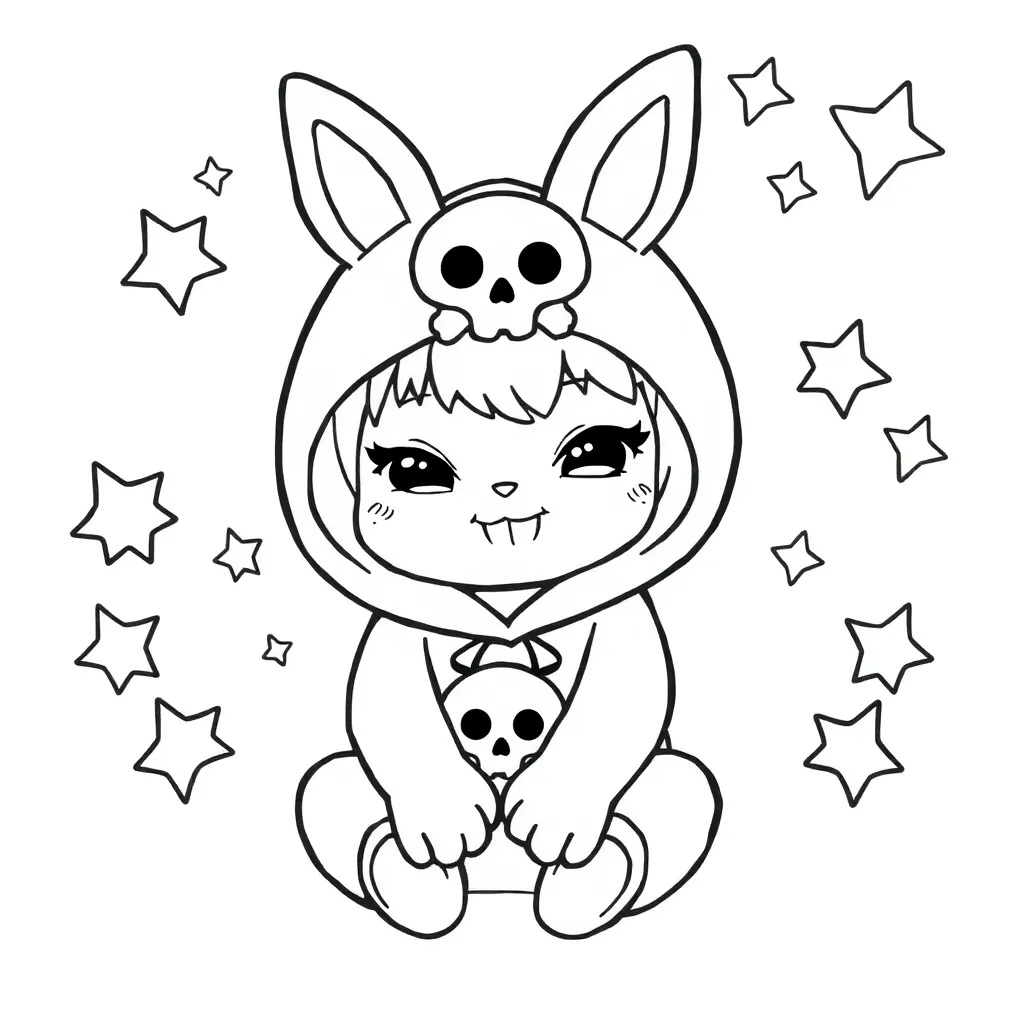 Kuromi, black, white, black and white coloring page for kids