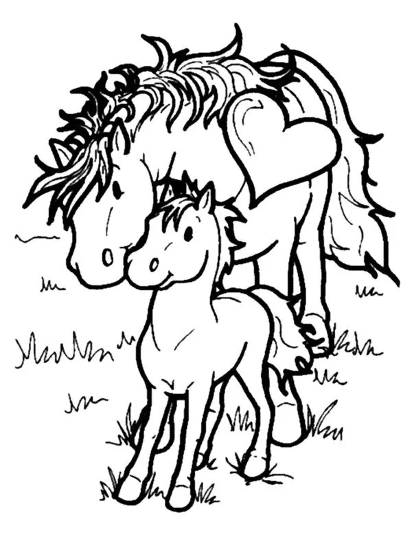 Coloring Page Horse Mother with Baby