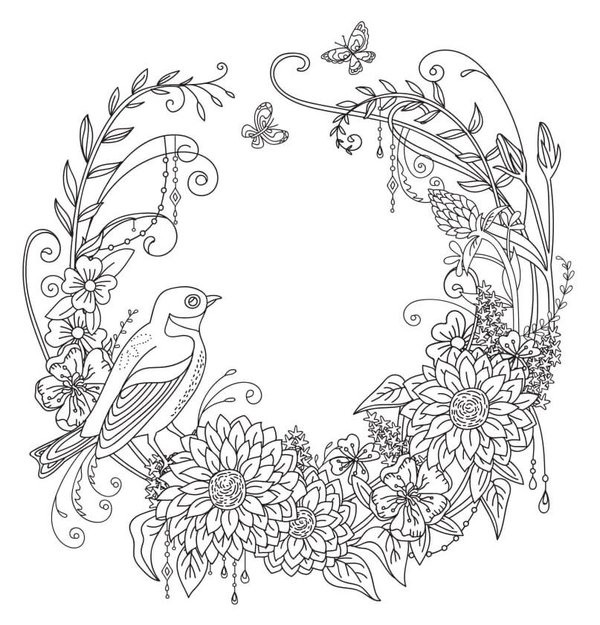 Flower Crown & Bird Coloring Page