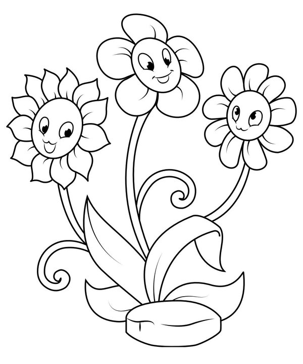 Coloring Page Three Cheerful Flowers